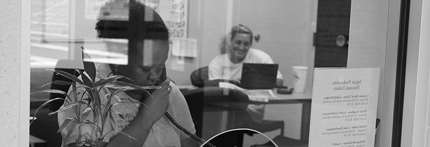 student workers working ticket desk for Jaguar Productions